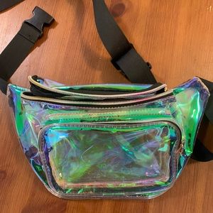 Clear plastic Fanny pack, with two zipper compartments, adjustable strap